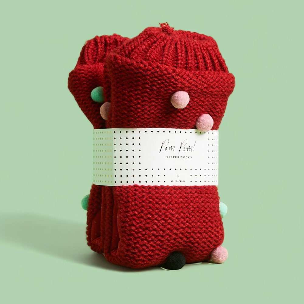 Hey Crush Pom Pom Knit Slipper Socks Holiday Christmas Red Pink Green Black